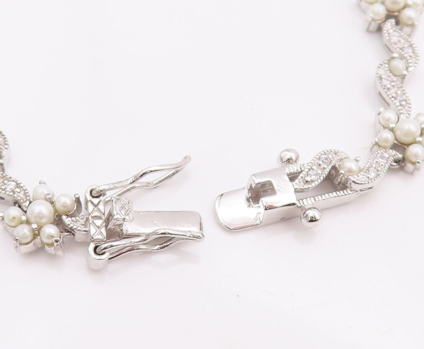 925 Sterling Silver Vintage Bracelet Cutout Pearls & CZ Inlay Flowers  BT10634