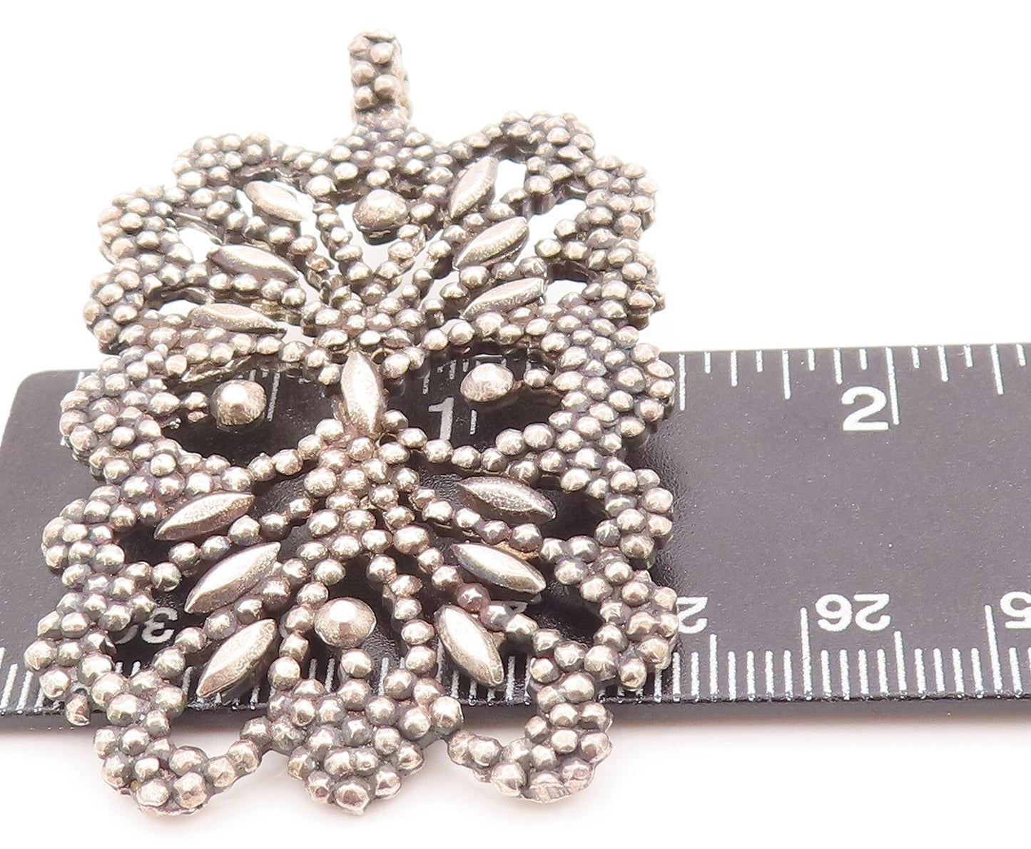 925 Sterling Silver Vintage Pendant Beaded Cutout Floral Design  PT23487