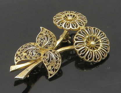 GERMANY 925 Sterling Silver Vintage Gold Plated Filigree Floral Brooch BP6297