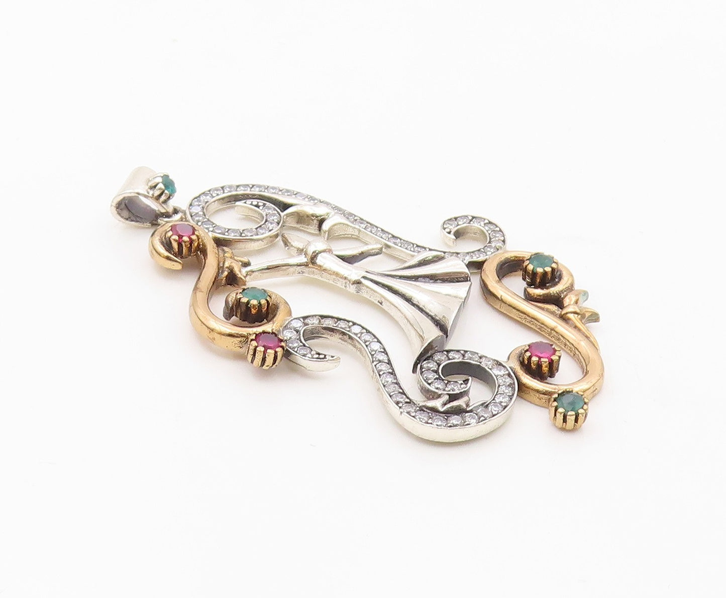 925 Sterling Silver  Pink Green & White Topaz Two Tone Swirl Pendant  PT10622