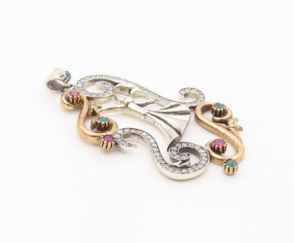 925 Sterling Silver  Pink Green & White Topaz Two Tone Swirl Pendant  PT10622