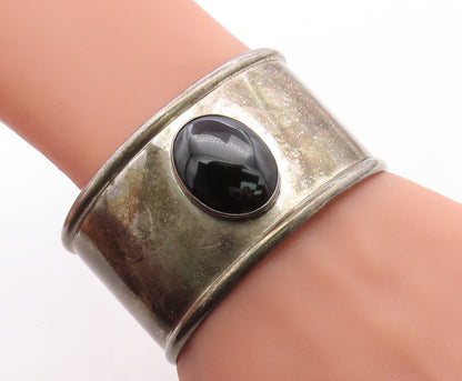 MEXICO 925 Sterling Silver Vintage Black Onyx Dark Tone Cuff Bracelet BT2823