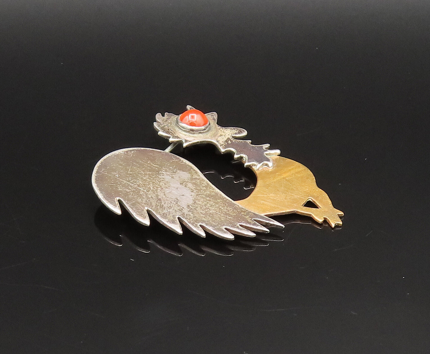 925 Sterling Silver Vintage Two Tone Bird With Carnelian Eye Brooch Pin BP9586