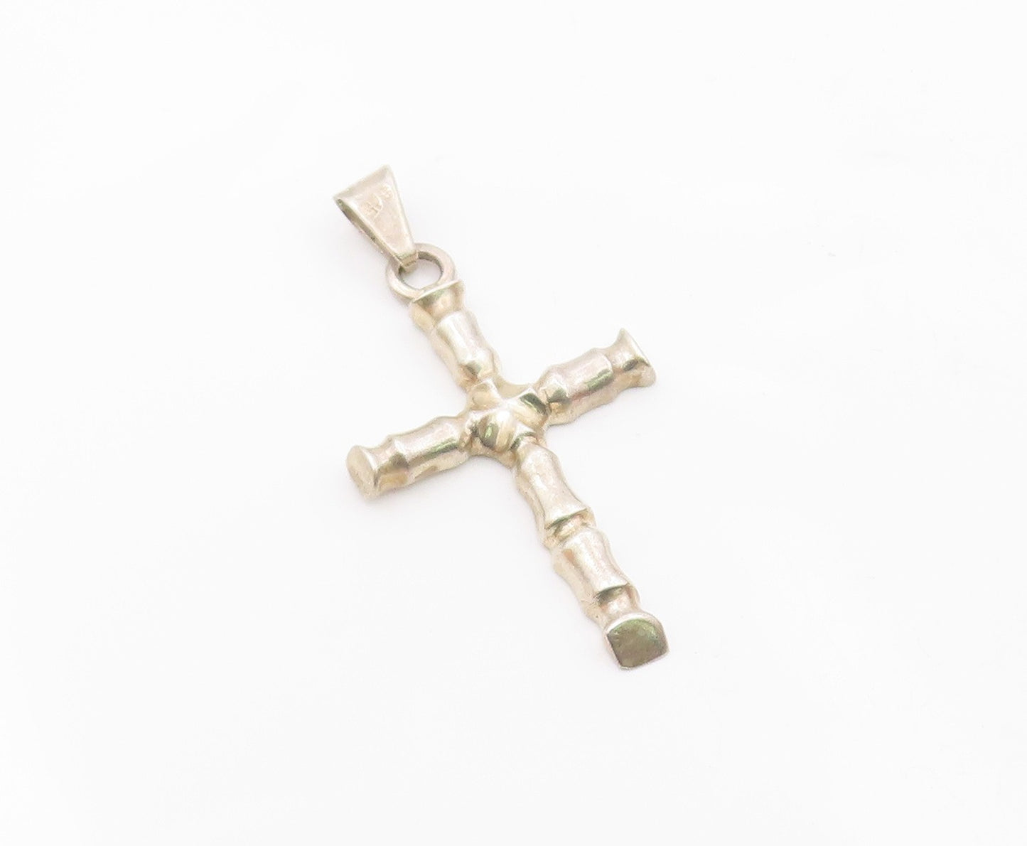 925 Sterling Silver  Vintage Shiny Bamboo Religious Cross Pendant  PT19291