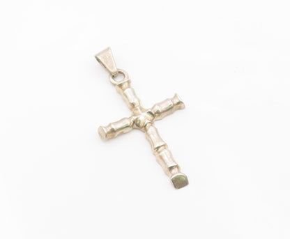 925 Sterling Silver  Vintage Shiny Bamboo Religious Cross Pendant  PT19291