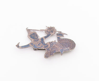 SIAM 925 Sterling Silver  Vintage Enamel Niello Dancer Brooch Pin  BP4454
