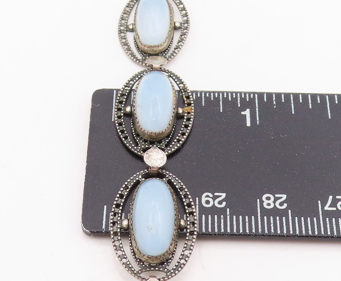 925 Sterling Silver Vintage Bracelet BEAU Antique Cabochon Cat Eye Link  BT11515