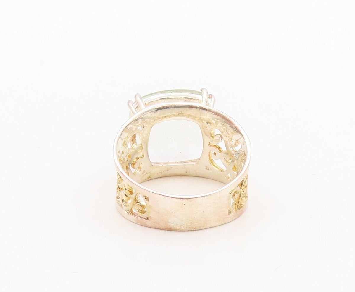 925 Sterling Silver Vintage Ring Gold Plated Carved Green Amethyst Sz 7  RG30072
