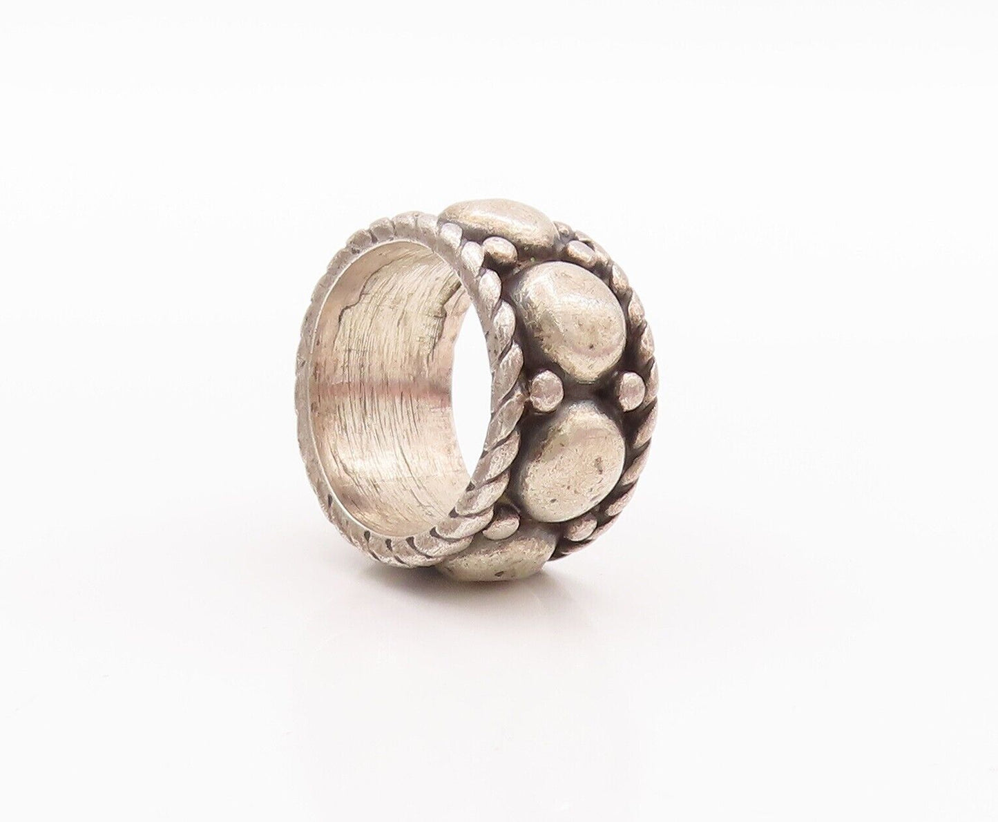 925 Sterling Silver Vintage Ring Large Beads Carved Roped Border  Sz 6  RG28643