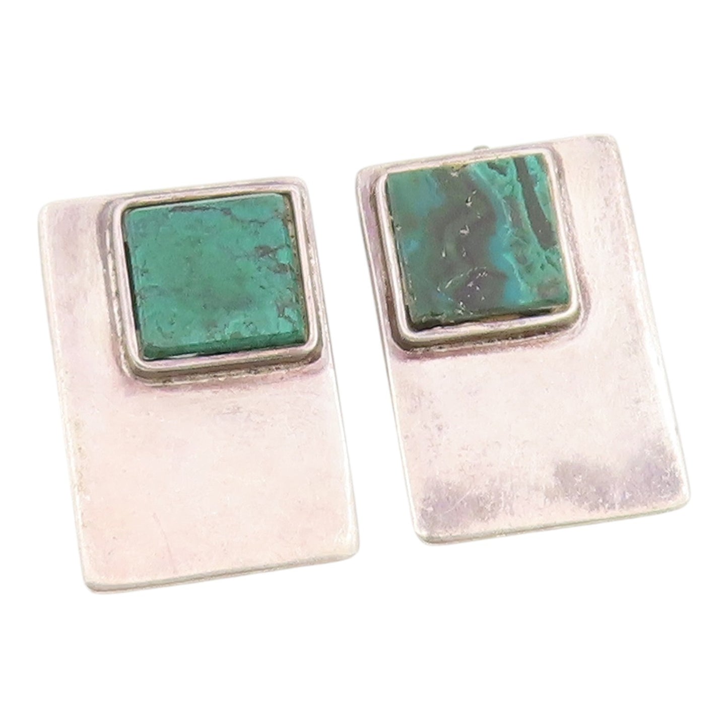 925 Sterling Silver Vintage Earrings Classic Malachite Geometric Clip On EG14436