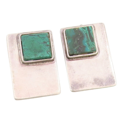 925 Sterling Silver Vintage Earrings Classic Malachite Geometric Clip On EG14436