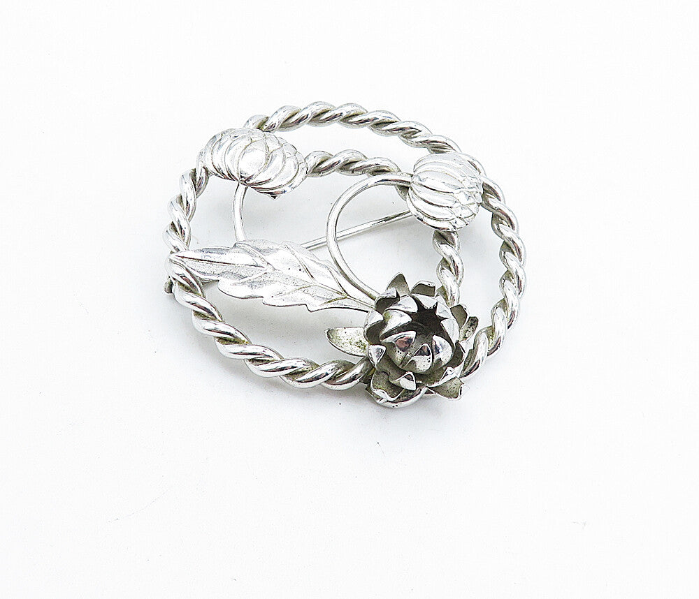 925 Sterling Silver  Vintage Sculpted Floral Leaf Twist Brooch Pin  BP2250