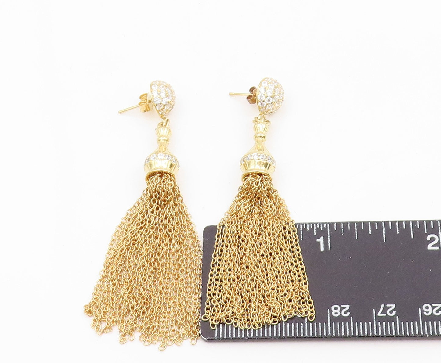 925 Sterling Silver Vintage Earrings Gold Plated CZ Chain Tassel Drop  EG14144