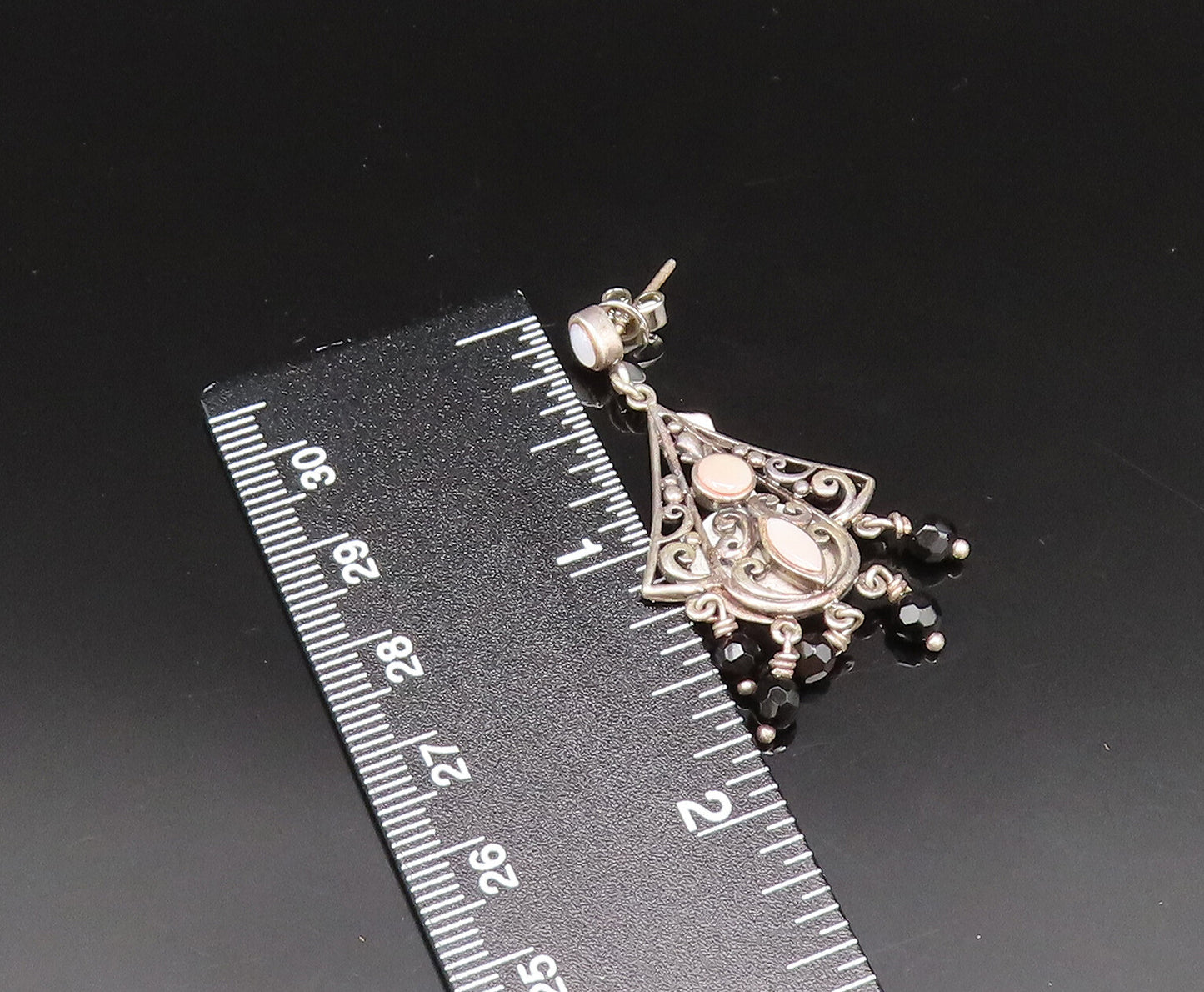 925 Silver  Vintage Mother Of Pearl & Spinel Beads Scroll Earrings  EG11745