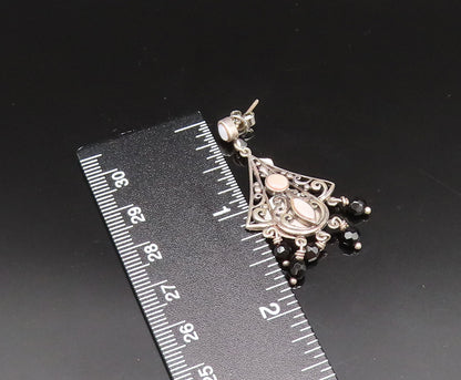925 Silver  Vintage Mother Of Pearl & Spinel Beads Scroll Earrings  EG11745