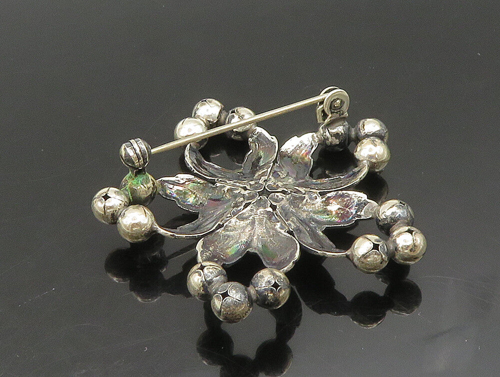 NE FROM DENMARK 925 Silver  Vintage Open Floral Leaves Bead Brooch Pin  BP9444