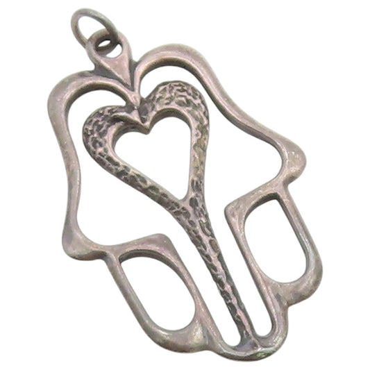 925 Sterling Silver Vintage Pendant Modernist Open Hamsa Heart Charm  PT26382