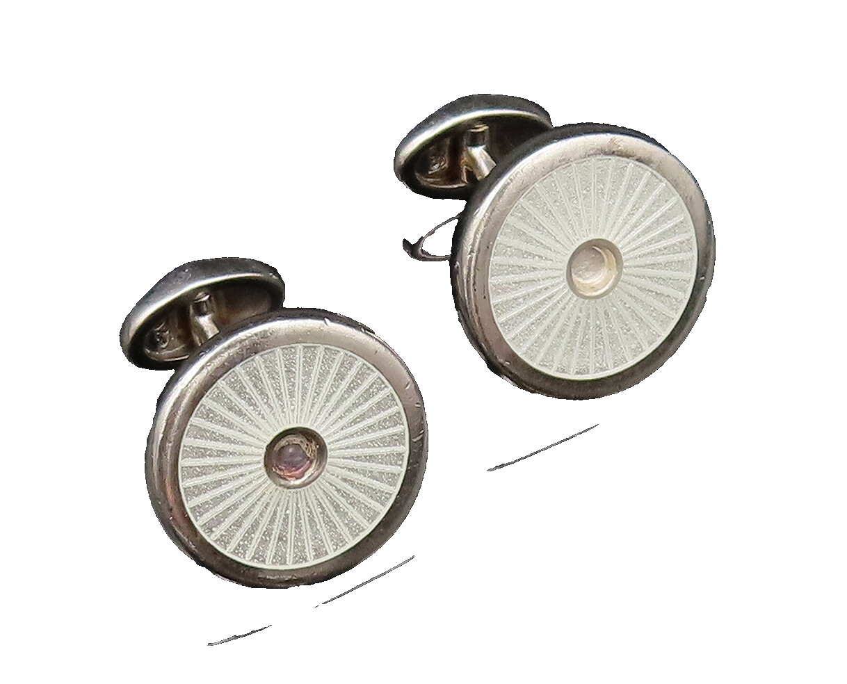 925 Sterling Silver  Vintage White Enamel Etched Lines Cuff Links  TR3422
