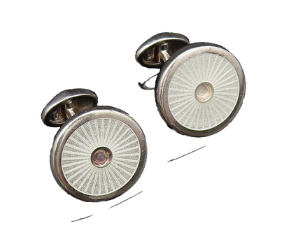 925 Sterling Silver  Vintage White Enamel Etched Lines Cuff Links  TR3422