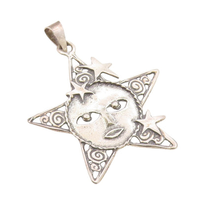 925 Sterling Silver Vintage Pendant Antique Cutout Moon Faced Star  PT24739
