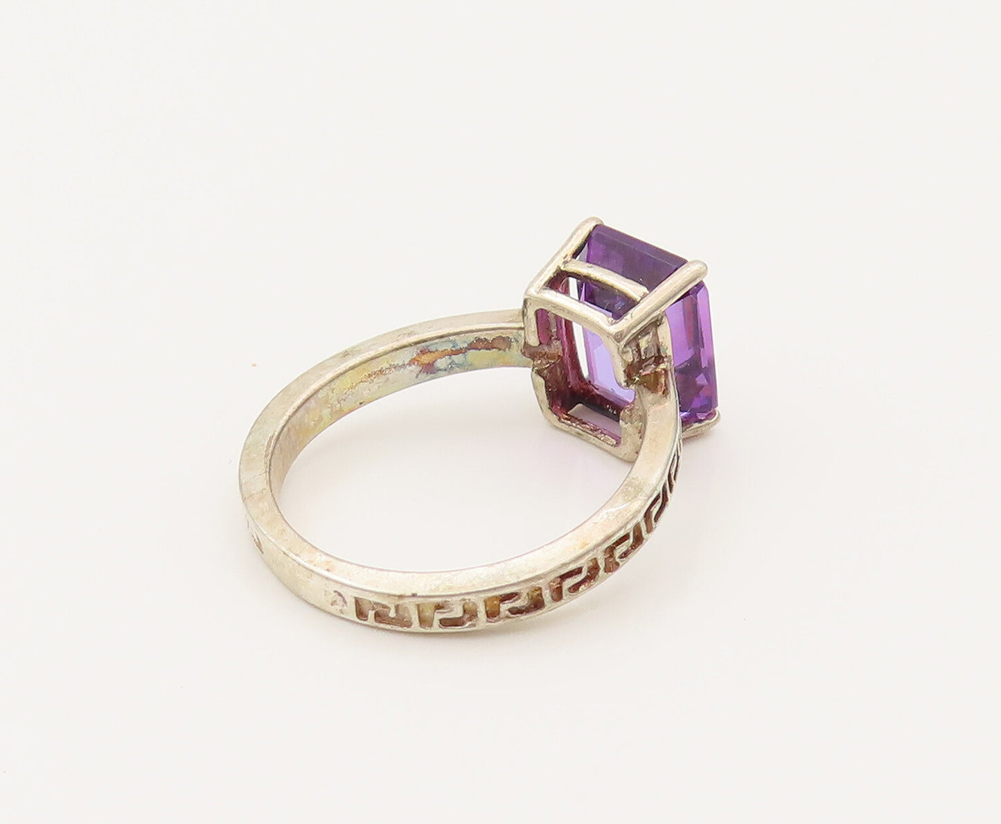 925 Silver  Vintage Rectangle Amethyst Greek Key Shank Ring Sz 7  RG26485