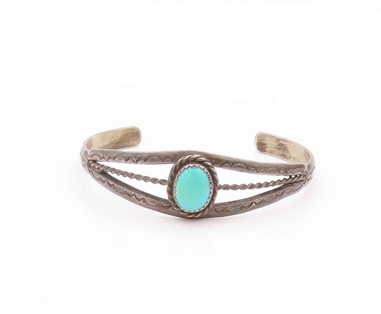 925 Sterling Silver Vintage Bracelet NAVAJO Turquoise Split Roped Cuff  BT11185