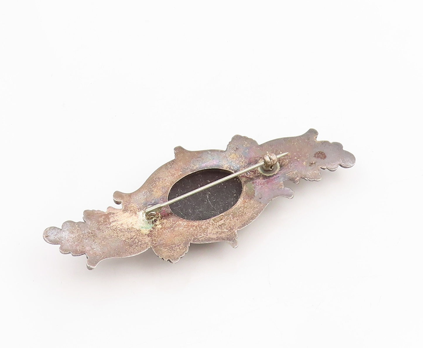 925 Sterling Silver Vintage Brooch Cabochon Onyx Etched Bali Floral Pin  BP12000