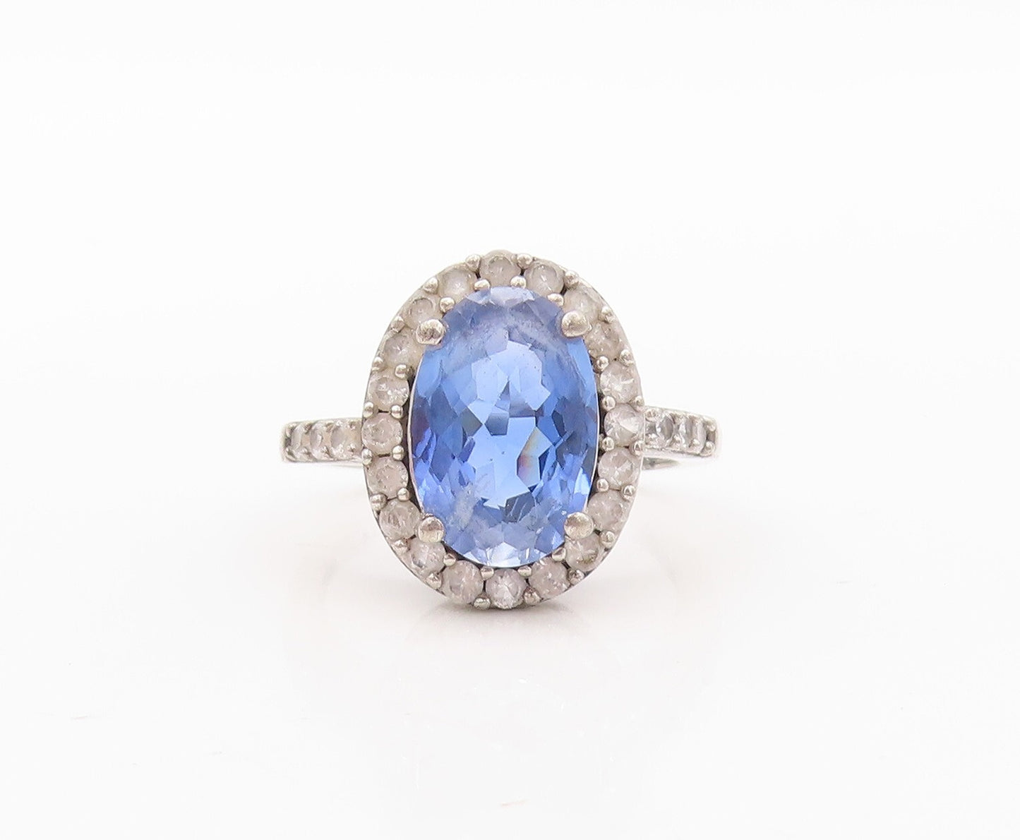 925 Sterling Silver Vintage Ring Oval Cut Blue Halo White CZ  Sz 7  RG31033