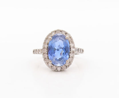 925 Sterling Silver Vintage Ring Oval Cut Blue Halo White CZ  Sz 7  RG31033