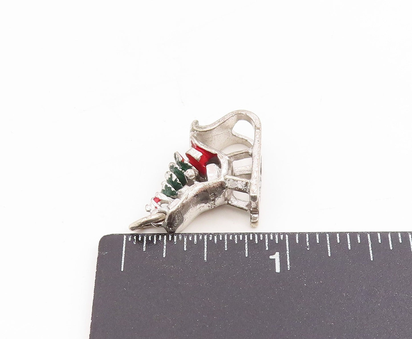 925 Sterling Silver Vintage Pendant Enameled Christmas Sleigh Charm  PT25384