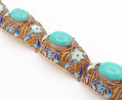 925 Sterling Silver Vintage Bracelet CHINESE EXPORT Turquoise Filigree  BT12192