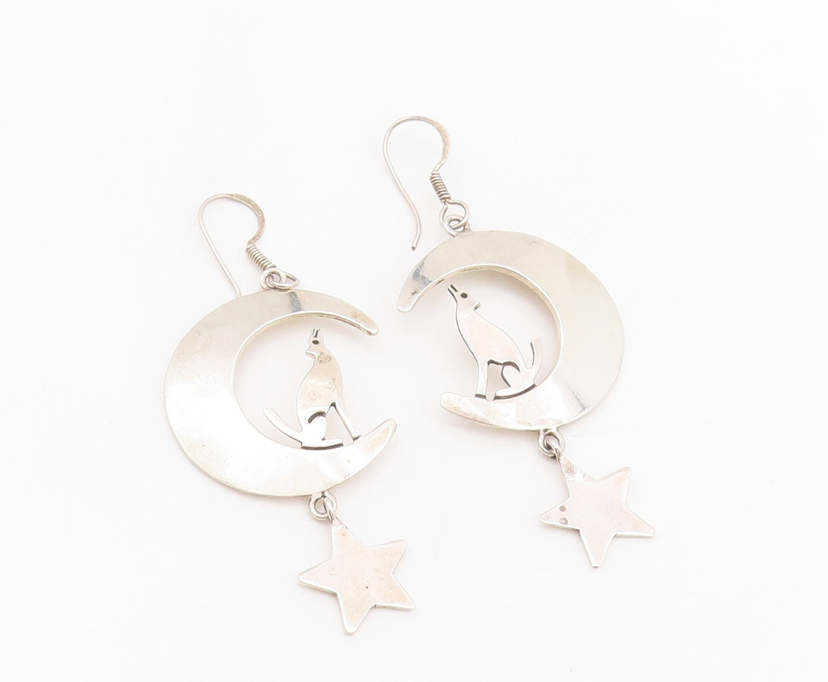 925 Sterling Silver Vintage Earrings MEXICO Howling Wolf On Moon & Star  EG13629