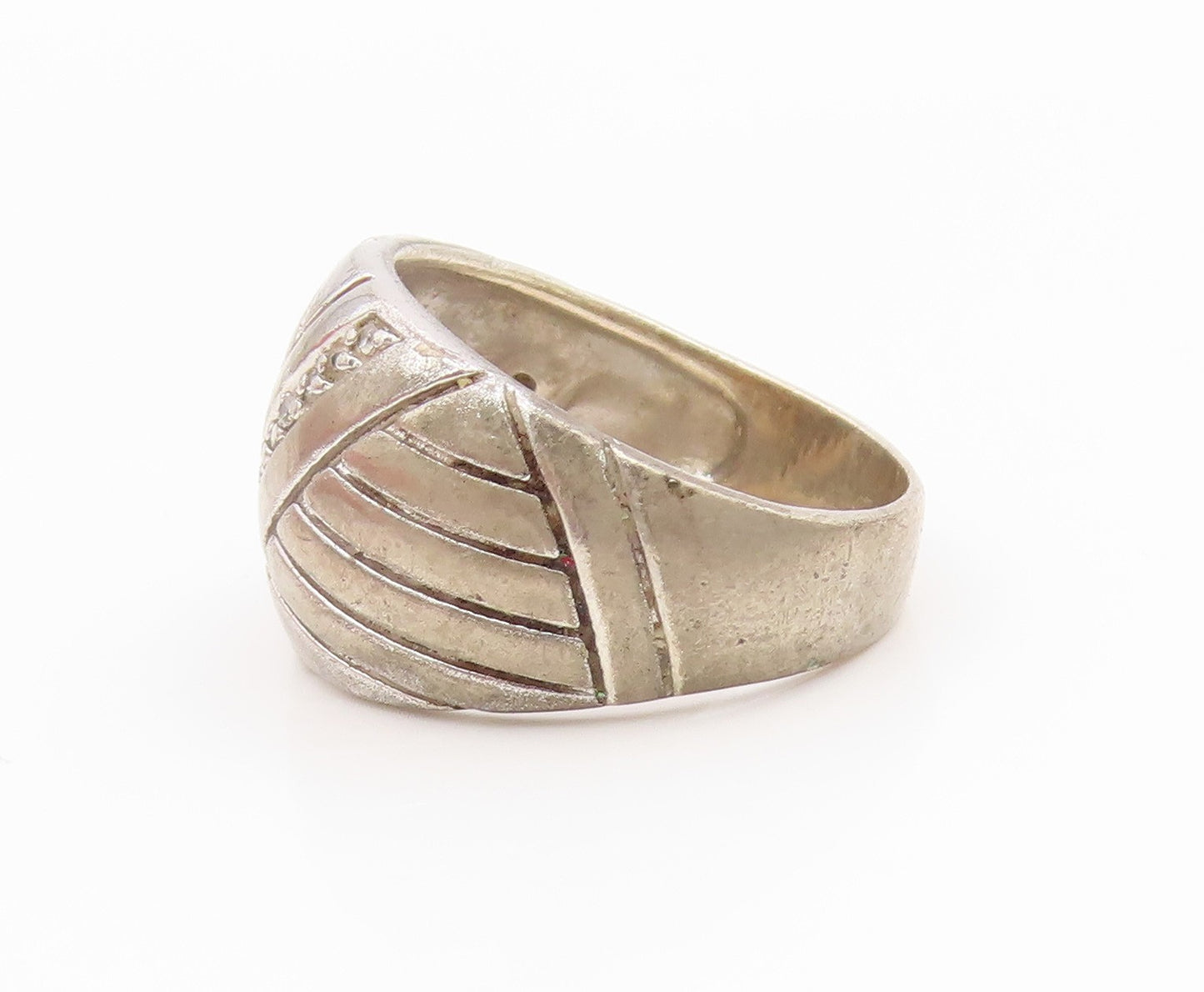925 Sterling Silver Vintage Ring CZ Crossover Ribbed Dome Band  Sz 7  RG34528