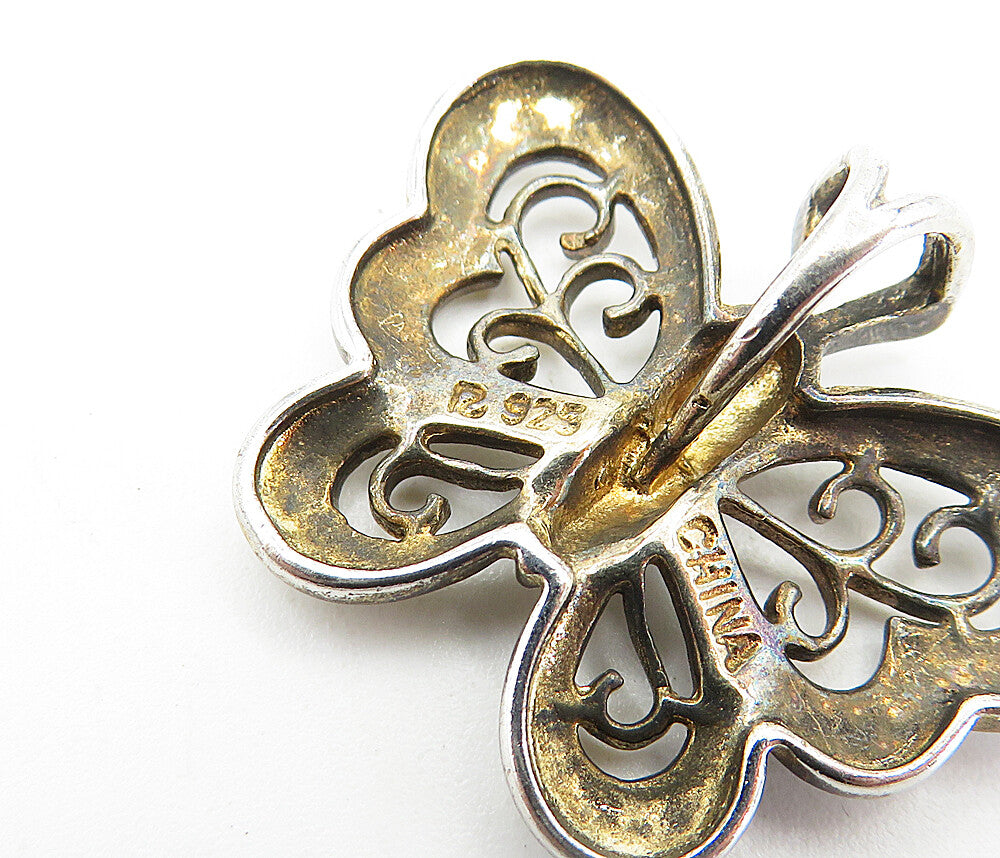 ROSS SIMON 925 Silver Vintage Genuine Diamond 2 Tone Butterfly Pendant PT4354