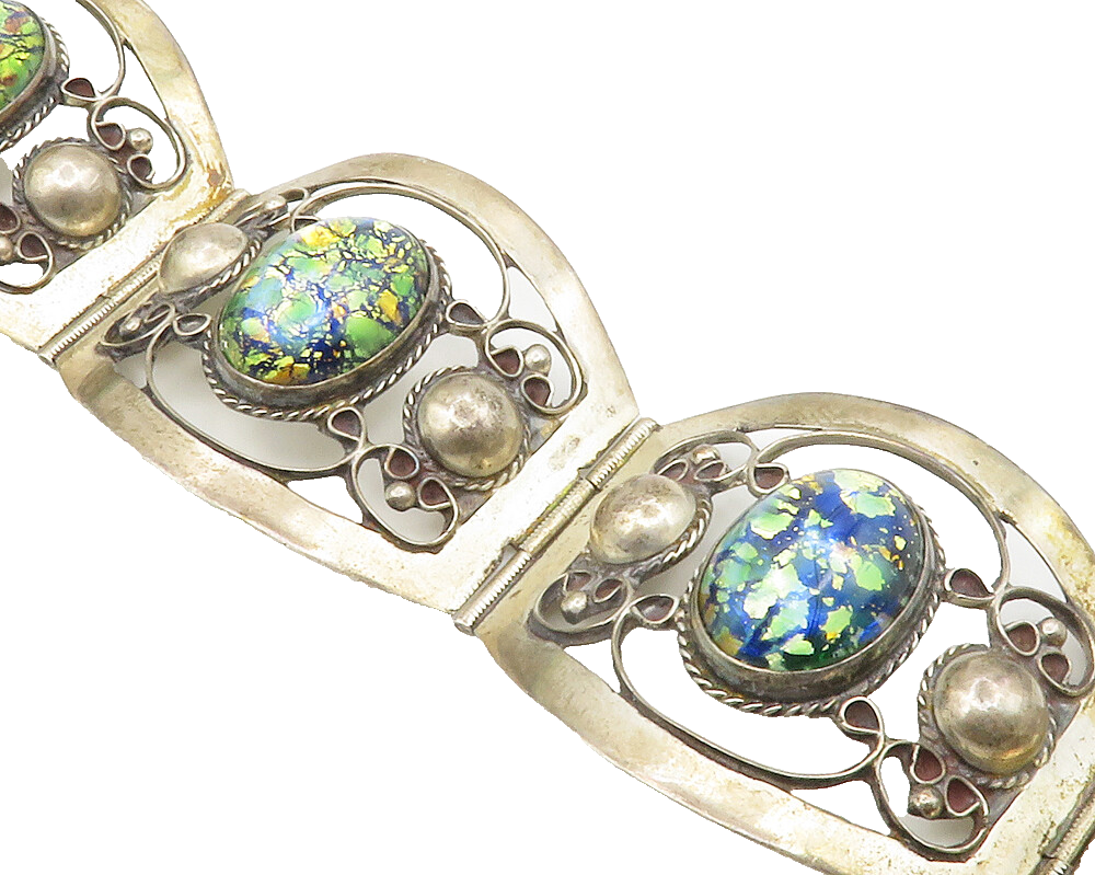 MEXICO 925 Sterling Silver  Vintage Glass Art Dome Swirl Chain Bracelet BT5320
