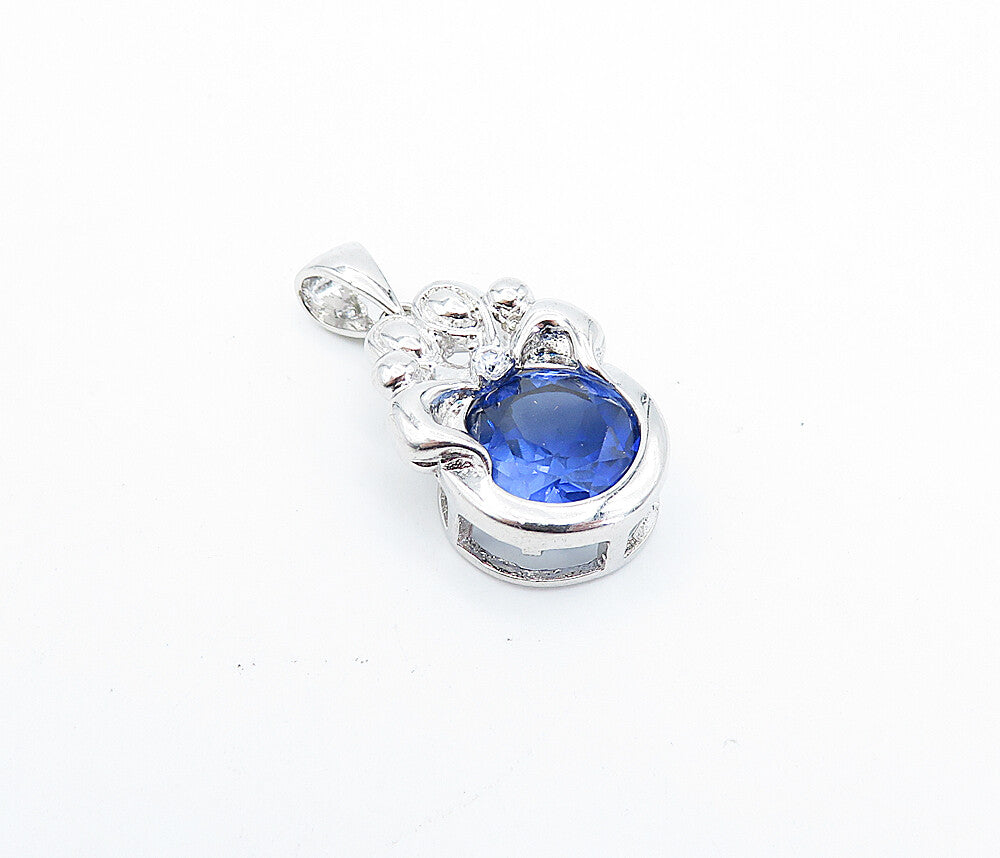 925 Sterling Silver  Faceted Blue Topaz Shiny Family Love Drop Pendant  PT2784