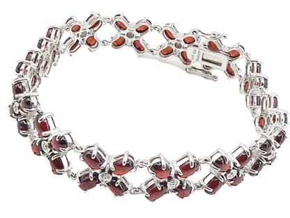 925 Sterling Silver Red Topaz & Genuine Diamonds Shiny Chain Bracelet BT3951