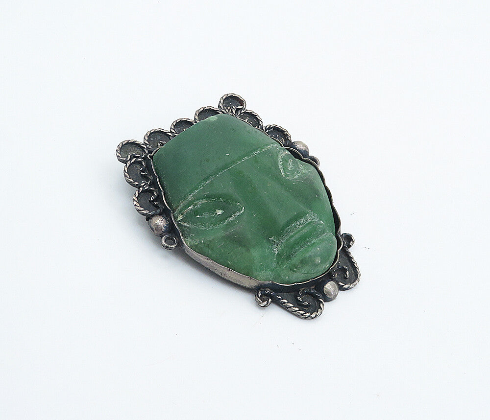 MEXICO 925 Silver  Vintage Antique Face Carved Gemstone Brooch Pin  BP2881