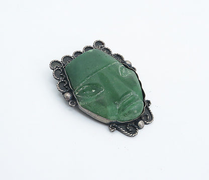 MEXICO 925 Silver  Vintage Antique Face Carved Gemstone Brooch Pin  BP2881