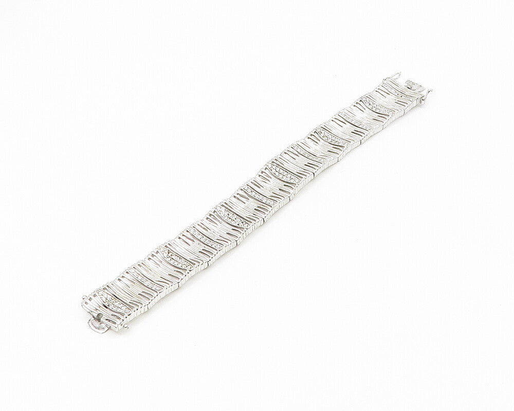 925 Sterling Silver  Shiny Cubic Zirconia Sculpted Chain Bracelet  BT7184