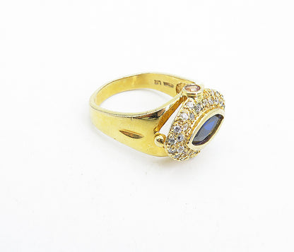925 Silver  Blue & White Topaz Shiny Gold Plated Cocktail Ring Sz 8.5  RG4730