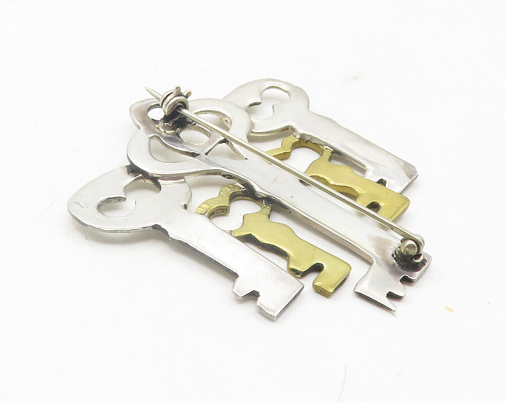 925 Sterling Silver  Vintage Shiny Two Tone Keys Smooth Brooch Pin  BP4372