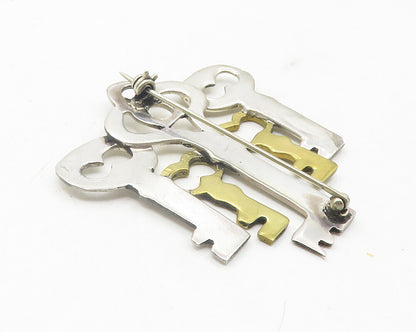 925 Sterling Silver  Vintage Shiny Two Tone Keys Smooth Brooch Pin  BP4372