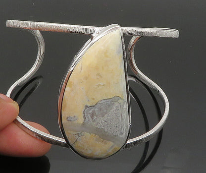 925 Sterling Silver  Vintage Cabochon Jasper Shiny Split Cuff Bracelet  BT8260