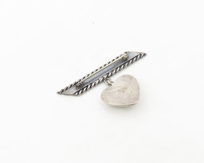 925 Sterling Silver  Vintage Dangling Love Hearts Twist Bar Brooch Pin  BP7536