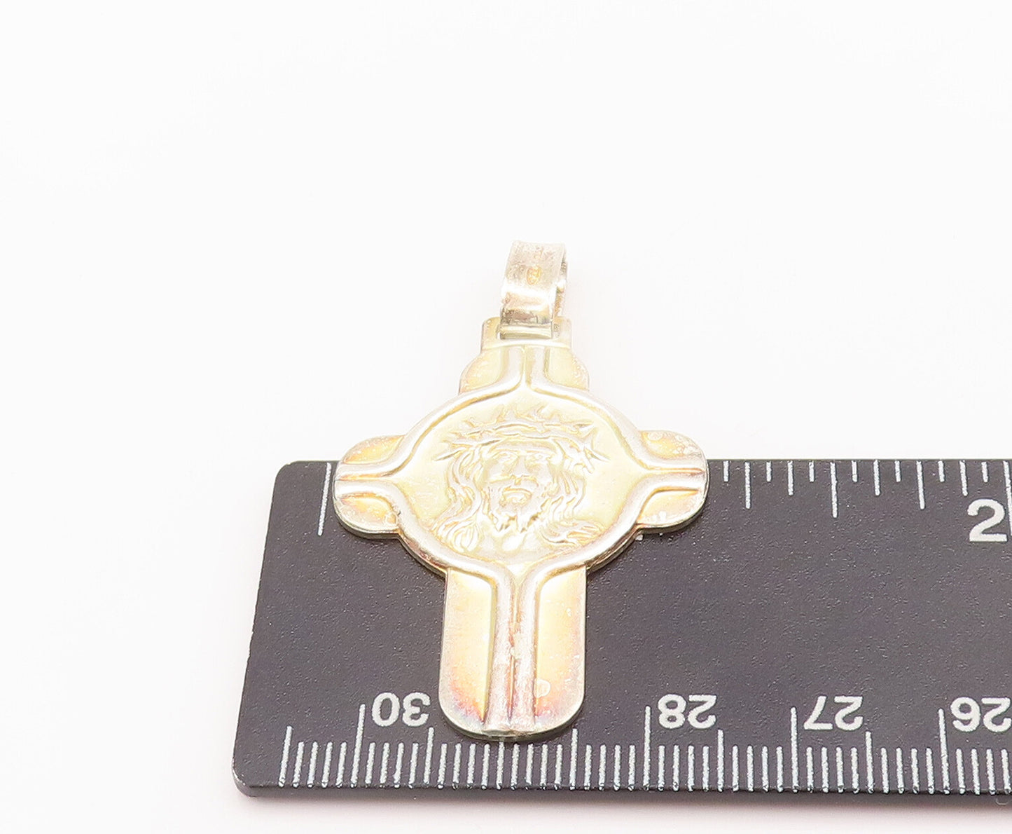 925 Sterling Silver Vintage Pendant Solid Gold Plated Carved Jesus Cross PT22776