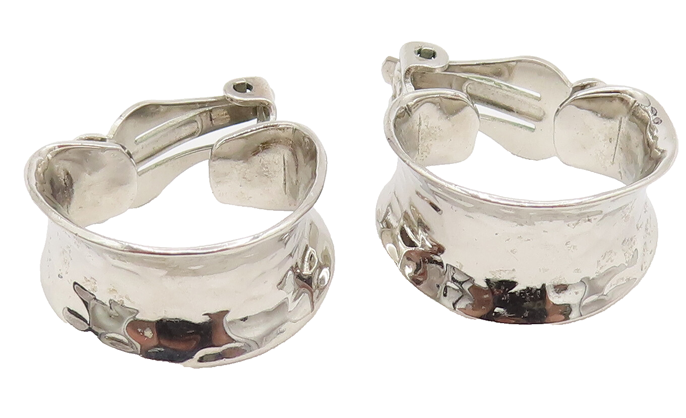 925 Sterling Silver Vintage Shiny Hammered Concave Clip Back Earrings EG12308