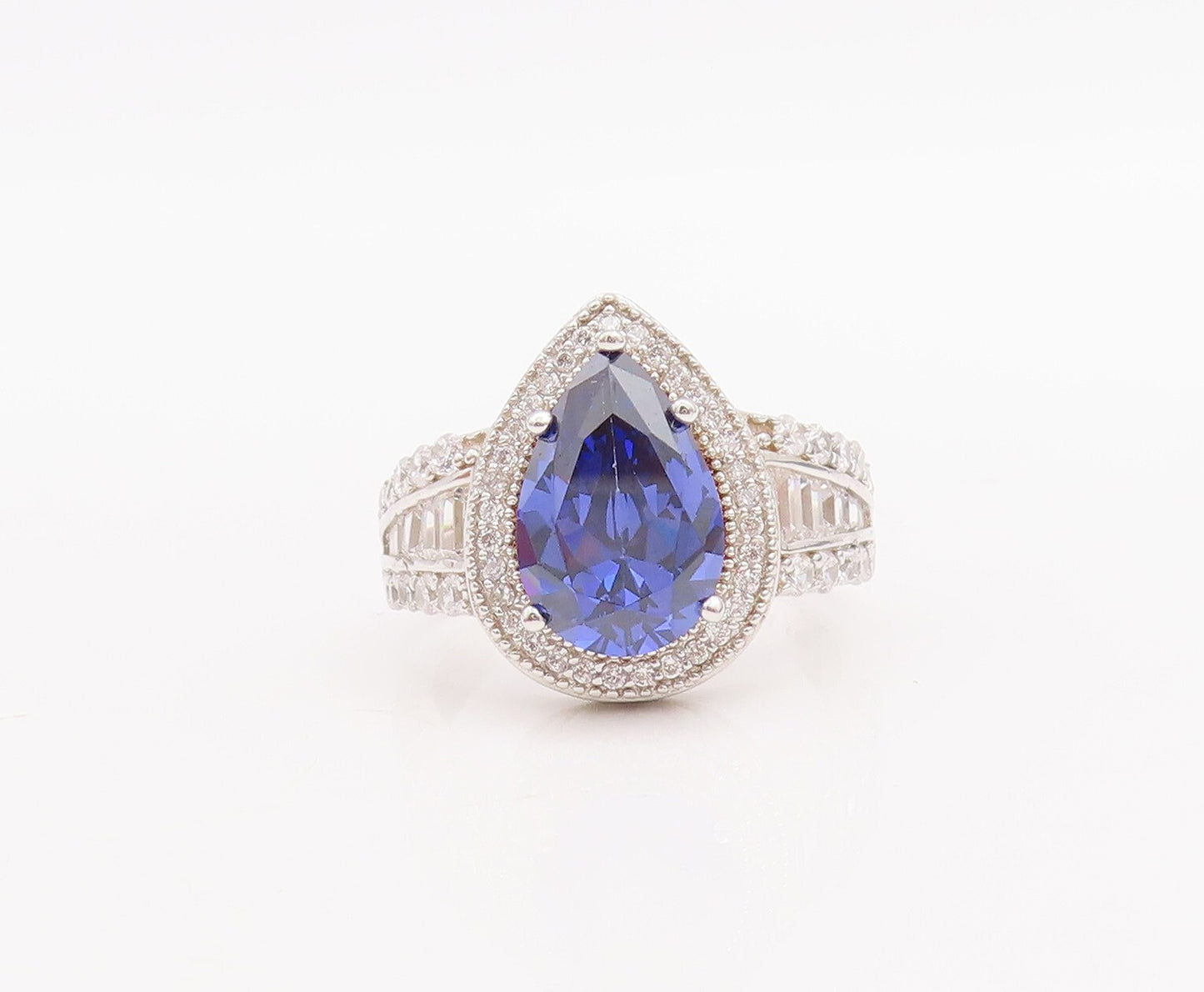 925 Sterling Silver Vintage Ring Drop Cut Sapphire Halo CZ Inlay  Sz 7  RG30944