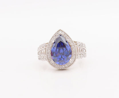 925 Sterling Silver Vintage Ring Drop Cut Sapphire Halo CZ Inlay  Sz 7  RG30944