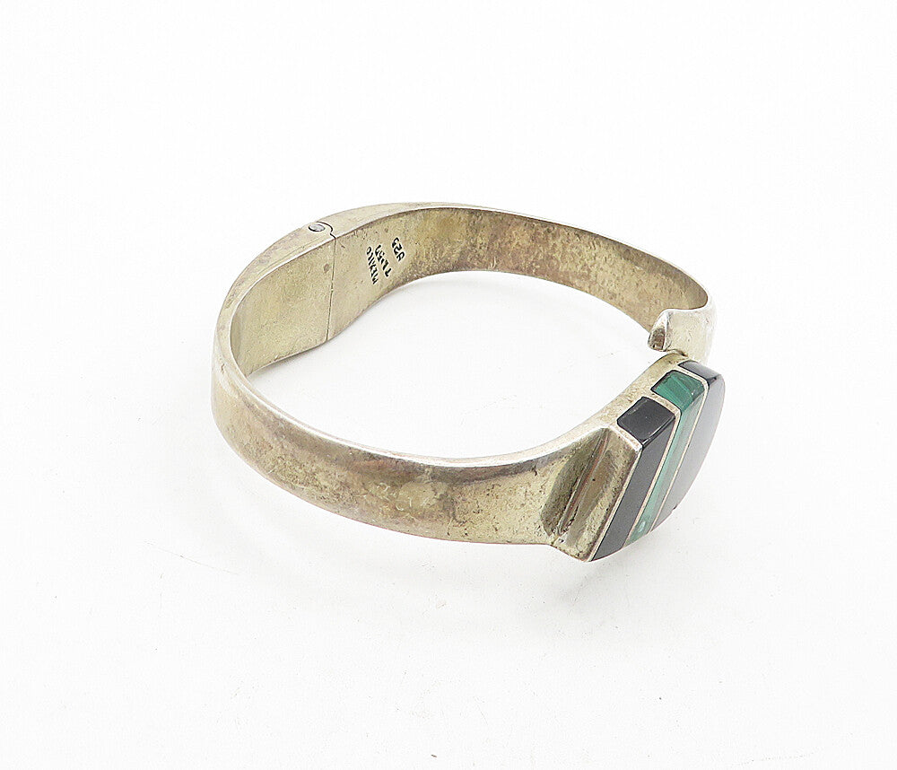 MEXICO 925 Silver  Vintage Black Onyx & Malachite Bangle Bracelet  BT1691
